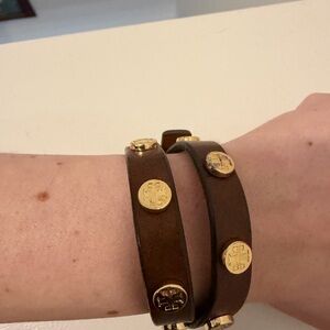 Tory Burch Brown Leather Bracelet with Gold Emblems